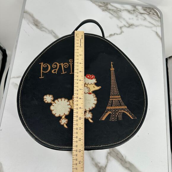 Vintage Paris Poodle Eiffel Tower Black Leather Embroider Hatbox Large Purse Bag - Picture 6 of 8